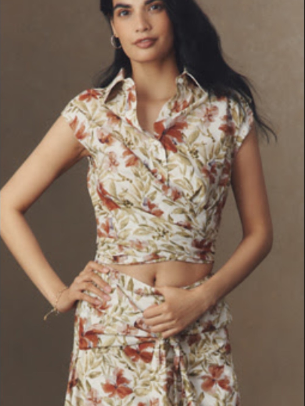 En Saison Floral Wrap Crop Top - White, Rust, Olive with Matching Skirt